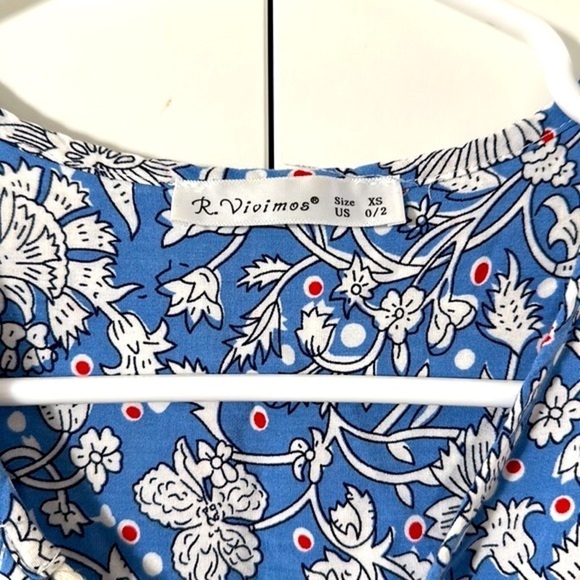 R. Vivimos Blue & White Floral Boho Print Long  Sleeve V Neck with Tassels Dress - Picture 8 of 12